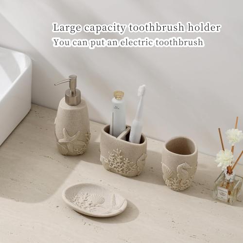 Bathroom Accessories Set, 4 PCS Bathroom Accessory Sets with Soap Dispenser, Toothbrush Holder, Tumbler, Soap Dish, Bathroom Countertop Organizer, Sea Bathroom Decor (Beige)