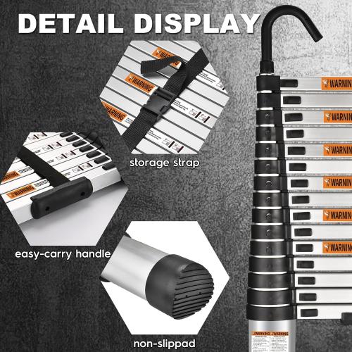 15.5 Ft Telescoping Ladder, SocTone Aluminum with Non-Slip Feet, 330lbs Max Capacity, Collapsible Ladder with Hooks for RV or Outdoor Work