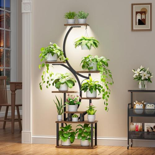 BACEKOLL Plant Stand Indoor with Grow Light, 8 Tier Corner Plant Shelf Tall | 62 Lighted Flower Holder for Plant Multiple, Space-Saving Beautiful Display Growing Rack for Home Patio, Sturdy Metal, Brown