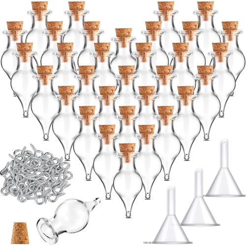 Geiserailie Mini Glass Bottles Potion Teardrop Shaped Glass Bottles Jars with Cork Stoppers with Eye Screws and Small Funnels for Christmas Birthday Party Favors DIY Art Crafts(93 Pieces)