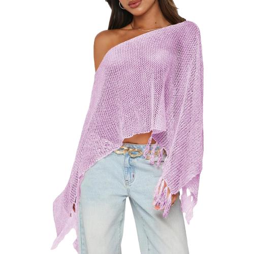 Womens Summer One Shoulder Knit Sheer Poncho Trendy Lightweight Boat Neck Fringe Pullover Sweaters