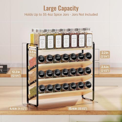 MUDEELA 4 Tier Spice Rack Organizer for Cabinet, Wooden Vertical Spice Shelf, Seasoning Organizer for Countertop, Kitchen, Pantry, Freestanding, 13.4 W × 11.2 H (No Jars Included), Black