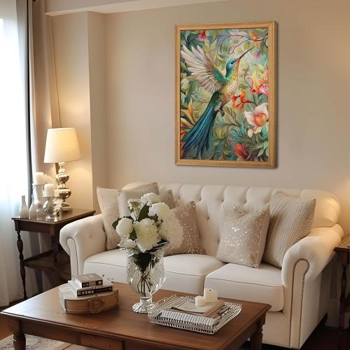 Framed Vintage 3D Textured Wall Art - Colorful Hummingbird Floral Wall Decor - Hand Painted Sandstone Nature Botanical Picture for Living Room Bedroom Home Decor 24x36 inch