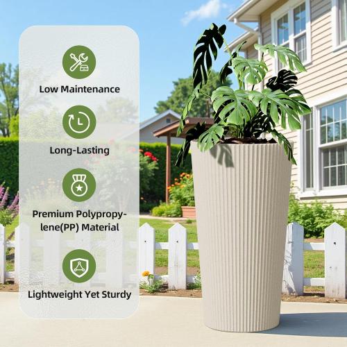 Tall Planters for Outdoor Plants Set of 2 - Fluted Large Outdoor Planters for Front Porch Decor with Drainage Hole, Plastic Round Flower Pots Fits Indoor Plants Patio/Garden, Beige