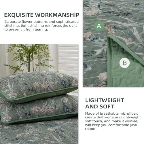 Goodidea Quilts King Size Bedding Set, Sage Green Bedspreads King Size 3 Piece Lightweight Soft Microfiber Reversible Coverlet Floral Quilt Set with Pillow Shams for All Season (King, 104X90)