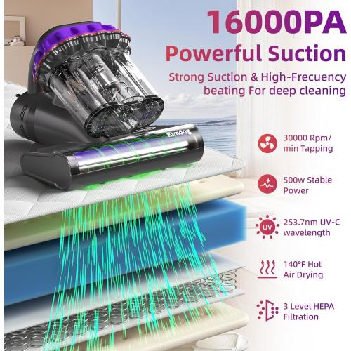 Mattress Vacuum Cleaner 16Kpa Bed Vacuum with 253.7nm UV-C Light,140°F Heat & HEPA Filter,500W Handheld Vacuum for Couch,Sofa & Pet