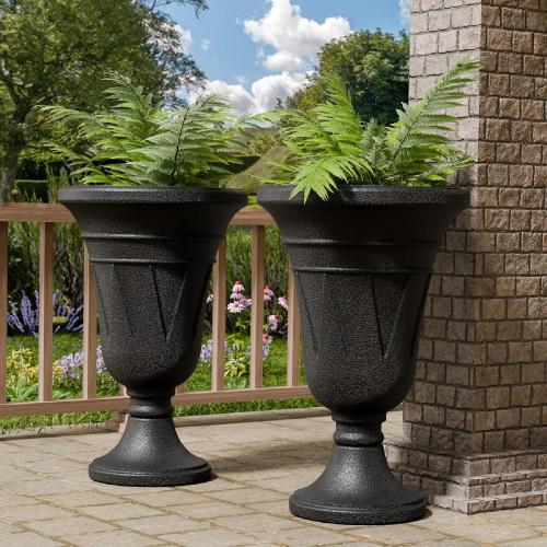 Tall Plastic Urn Planters and Pedestal - 24 Outdoor Planter Black | Weather-Resistant Plastics HDPE with Drainage Holes, Modern Trophy Design Vase, Large Flower Pot Porch Door, Set of 2