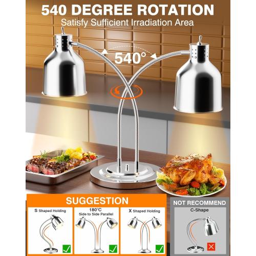 PYY Commercial Food Warmer - 2-Head Electric Heating Lamp, 500W Stainless Steel Catering Food Warming Lamp for Restaurant Kitchen, Cafeteria