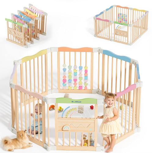 Foldable Wooden Baby Playpen, 45 x 45 x 24 inches, Pastel Dream, Colorful | Adjustable Wood Play Yard, Indoor Large Safety Fence for Babies and Toddlers, Built-in Toys Design