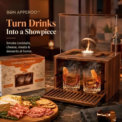 Bon Apperoo™ 2-Glass Culinary Smoker Box with Torch - Portable Cold Food and Cocktail Infuser - Indoor Whiskey and Bourbon Smoking Kit - Ideal for Drinks and Charcuterie - Butane Not Included