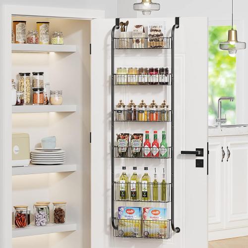 VIVSOL 6-Tier Over the Door Pantry Organizer with 4   2 Full Baskets, Heavy-Duty Metal Hanging Spice Rack for Door Bathroom Kitchen, Closet Storage, Black