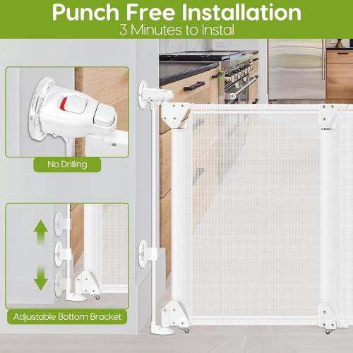 Color White No Drill Baby Gate for Stairs No Bottom Bar,  Adjustable Baby Gate with Large Walk Thru Door, Mesh Dog Gate for Doorways, Swing & Dual Openings, No Drilling Pet Gate Child Safety Gate, White