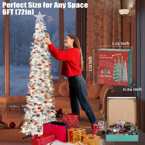 HMASYO 6 FT Pop Up Christmas Tree with 100 LED Lights & Remote, Silver Christmas Tinsel Tree, Collapsible Artificial Pencil Tree for Home Office Party Decor, USB Powered Timer Lights, Easy Assembly