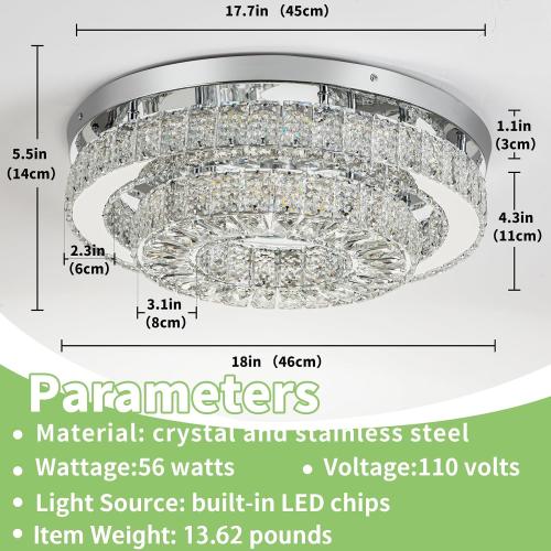 HOPGGIE 18“ Crystal Chandelier 2-Layer Ceiling Light Fixture Flush Mount LED Large Chandelier Light for Living Room Dining Room Bedroom (Cool White)