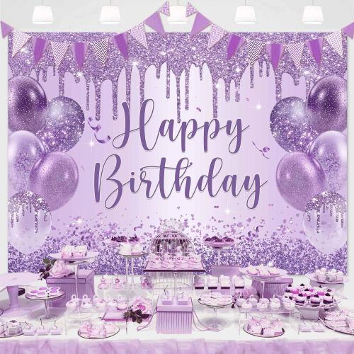 Sensfun Purple Happy Birthday Backdrop Banner Shiny Glitter Balloon Photography Background for Women Girls Sweet 16 18th 21st 30th Birthday Party Decorations Banner Photo Booth Props 6x4ft