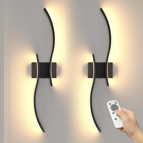 NIORSUN 27.6 Inch Battery Operated Wall Sconce Set of 2, Black Modern Rechargeable Wall Lights with Remote, 3CCT Dimmable Wireless Wall Lamp for Living Room Bedroom Hallway