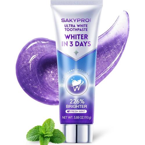 SAKYPRORAL Purple Toothpaste for Ultra Teeth Whitening, Peroxide Free & Fluoride Free, Enamel-Safe for Sensitive Teeth, Instant Brightening, 24-Hour Stain Defense, Fresh Mint, 1 Pack, 3.88 oz
