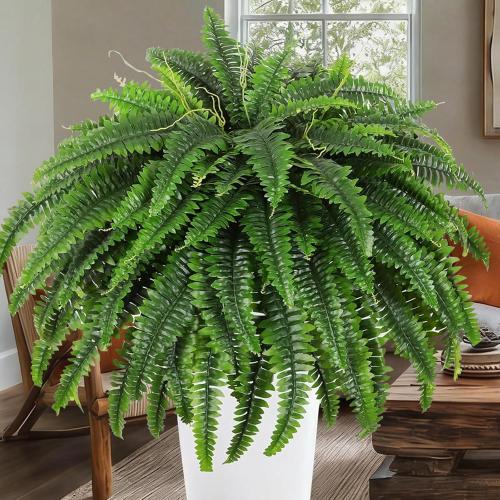 50 Fake Ferns with 96 Fronds & Ground Spike, Realistic Artificial Ferns for Outdoors, Artificial Boston Ferns for Outdoor Large Faux Plants for Porch Garden Home Office Decor