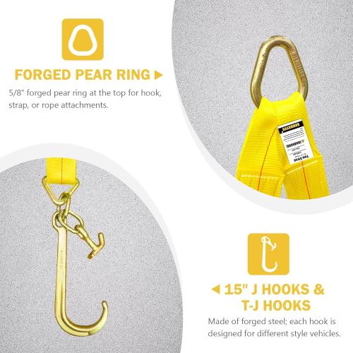 Tow Straps V Bridle, 3 x 36 Recovery V-Strap with 15 J Hooks and T-J Hooks, 5400LBS Recovery Bridle, Towing Strap with Hook for Wrecker, Rollback, Car Hauler