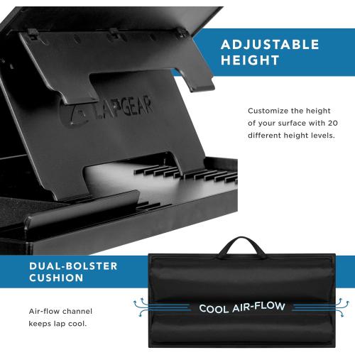 LAPGEAR Ergo Pro Lap Desk with 20 Adjustable Angles, Mouse Pad, and Phone Holder - Black - Fits up to 15.6 Inch Laptops and Most Tablets - Style No. 49408