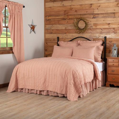 VHC Brands Sawyer Mill Ticking Striped Cotton Farmhouse Pre-Washed California King Bedding Accessory, Quilt 130x115, Red Country