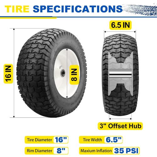 2 PCS 16x6.50-8 Lawn Mower Tires and Rim - 16x6.5-8 Tractor Turf Tire Replacement for Craftsman/John Deere Riding Lawn Mowers/Tractors, with 3/4 Bearings and 3 Offset Hub,4 Ply Tubeless - Vypart