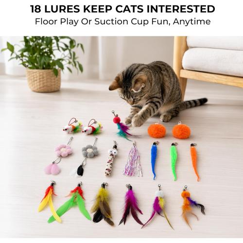 Cat Toys for Indoor Cats, Interactive Cat Toy Wand, Kitten Stuff, 18 Lures | Heavy Stable Base Prevents Toppling, Dual Suction Cup For Extra Play Options, Trigger natural feline hunting instincts today