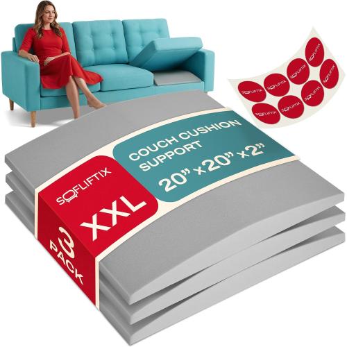 Couch Cushion Support for Sagging Seat, Couch Support for Sagging Cushions, Sofa Cushion Support, 3 Pack 20 x 20 x 2 Inch 45D High Density Foam Cushion Support, Non-Slip Stickers Included, Grey