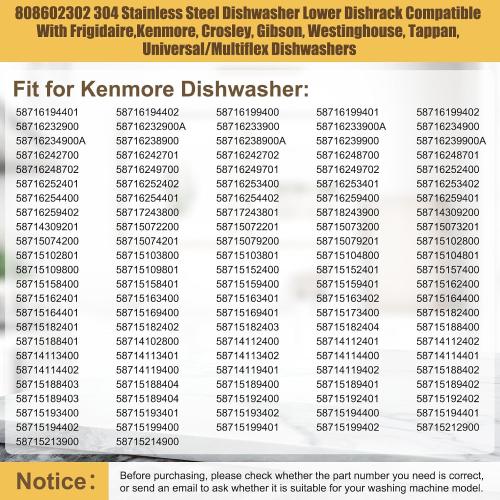 UPGRADED 304 Stainless Steel 808602302 5304535768 Dishwasher Lower Rack Replacement Compatible with Frigidaire Dishwasher Rack Parts with 154174501 Wheels Replaces 154432602 154432601 Dishwasher