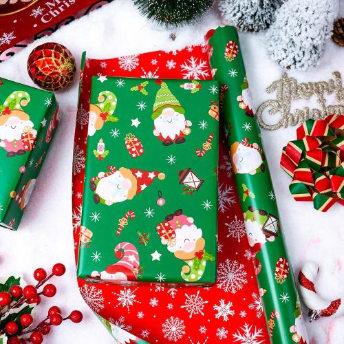MAYPLUSS Gnome Wrapping Paper Roll, Reversible Green Christmas Wrapping Paper, Adorable Gnome Winter Holiday Gift Wrap With Snowflakes Design for Present Wrap, Packaging Supply (17 Inch X 33 Feet)