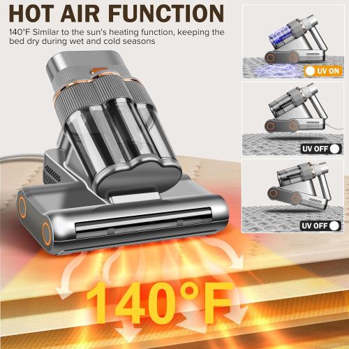 Color White Powerful Mattress Vacuum Cleaner,Handheld Bed Vacuum with UV-C Light, 16Kpa Strong Suction, 30000 RPM Dual Drum Brushes, 140°F Hot Air & Ultrasonic Tech, 500W Corded for Quick Dust Removal