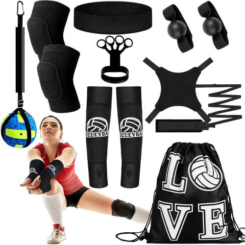 Wettarn 8 Set Volleyball Training Equipment Aid Solo Volleyball Trainer Gift Kit to Practice Serve Include Elastic Resistance Belt Set Spike Trainer Hand Straps Arm Sleeves Knee Pads Backpack Headband