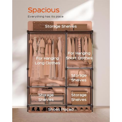 BLACK Clothes Rack, Portable Closet, 44.9 Inch Large Capacity Wardrobe Closet, Clothes Storage Organizer with Shelves and 2 Hanging Rods, Easy to Assembly, Black PCT021B01