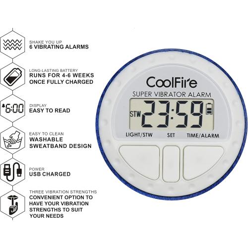 Coolfire Vibrating Alarm Clock - Silent Alarm Wristband Vibrating Alarm Watch. Silent Wrist Shock Alarm Clock. Vibration Alarm Bracelet Deep Sleeper & Vibrate Alarm (Black) (Blue) (Black)