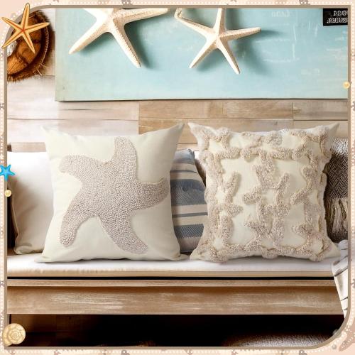 Moucuny 2 Pcs Starfish Pillow Covers 18x18, Beach Coastal Pillow Cases
