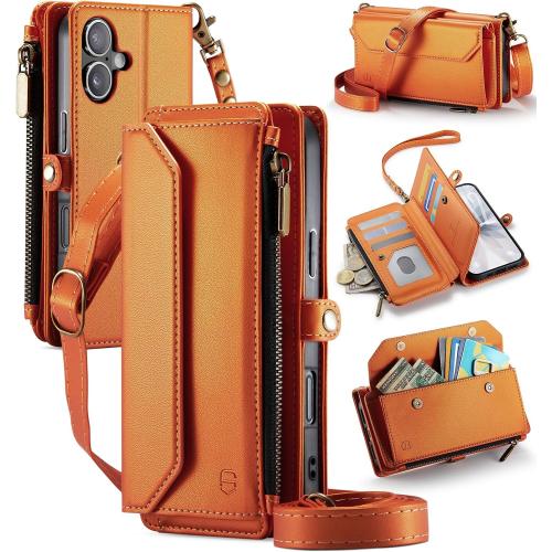 Strapurs for iPhone 17 - Zipper Strap Wallet Case for Women, Orange