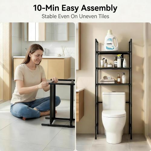 Renyqatt Over the Toilet Storage, 3-Tier Bathroom Organizer, Freestanding Above Toilet Shelf with Adjustable Feet, Space Saving, Easy Assembly, Carbon Steel Shelf, 61 H, Black