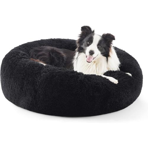 Bedsure Calming Dog Bed for Large Dogs - Donut Washable Large Pet Bed, 36 inches Anti-Slip Round Fluffy Plush Faux Fur Dog Bed, Fits up to 80 lbs Pets, Black