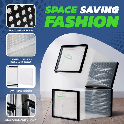 BLACK LARGE 6 pack - 14.6 Inches Long for BIG Shoes & Sneakers, Shoe Storage Organizer, Shoe Storage Boxes, Shoe Box Clear Plastic Stackable, Shoe Containers, Shoe Organizer for Closet