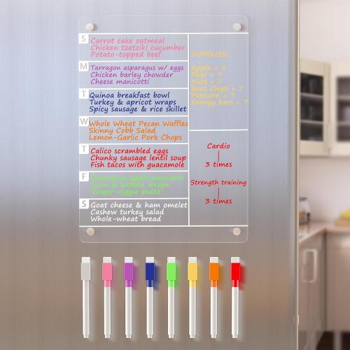 Acrylic Magnetic Meal Planner Menu Board for Kitchen Fridge w/ 8 Markers, Clear Refrigerator Weekly Dry Erase Calendar Planning Noteboard to Do/Grocery/Shopping List/Chore Chart/, 12x9