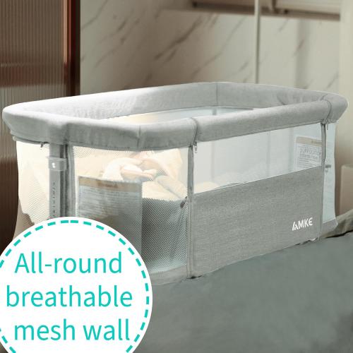 AMKE Baby Bassinets, Bedside Sleeper for Baby,All mesh Baby Crib Portable Bassinets for Safe Co-Sleeping, Safe Adjustable Baby Bed for Baby Infant Newborn Girl Boy (Ivory-White)