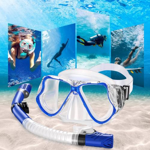 Greatever Dry Snorkel Set,Panoramic Wide View Anti-Fog Scuba Diving Mask,Professional Snorkeling Gear for Adults Kids