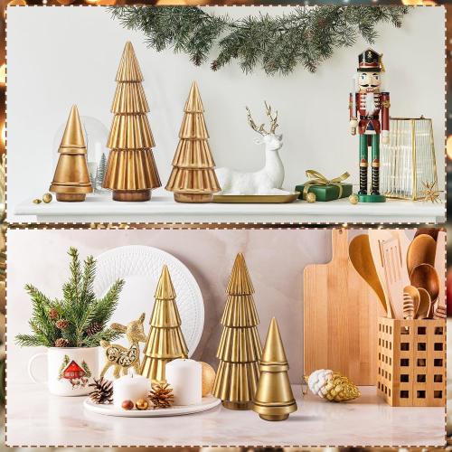 Pinkunn 3 Pcs Neutral Christmas Tree Figurines,Minimalism Resin Christmas Tree Ornament Tabletop,Modern Matte Xmas Trees Table Centerpiece for Home Winter Mantel Indoor Holiday Decoration (Gold)