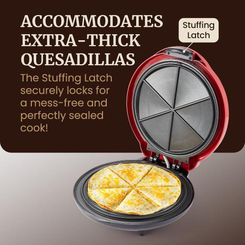 Elite Gourmet 10.65 Cheesy Quesadilla Maker, 2-Position Locking Latch, Red