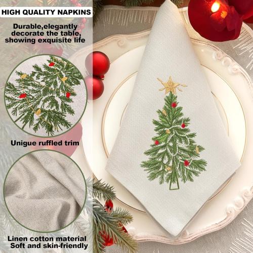 Newwiee Christmas Linen Napkin Set of 4 100% Linen Cloth 20 Inch Christmas Tree Embroidered Napkin Square Dinner Serviette Soft & Durable Holiday Table Decor Xmas Wedding Cocktail Party Supply