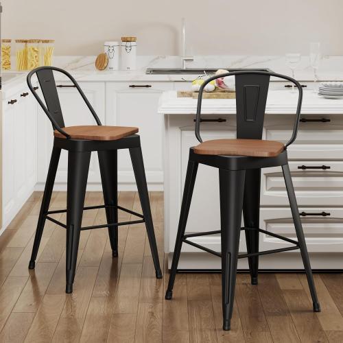Aklaus Swivel Metal Bar Stools 26 inch Swivel Counter Height Barstools Set of 2 Modern Farmhouse Bar Chairs with High Backs and Large Wooden Seat for Kitchen Island Dining Room Matte Black