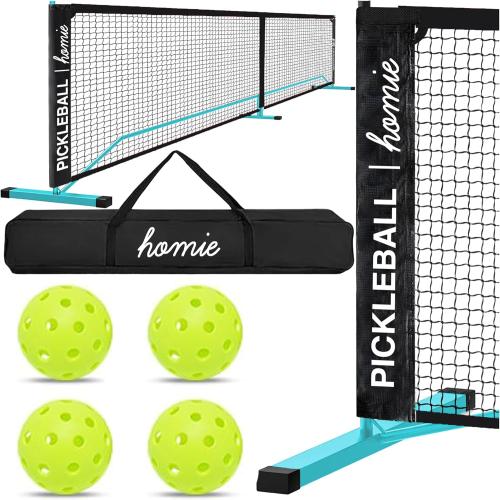 Homie Portable Pickleball Net Set with 4 Paddles, 4 Balls, Backpack Carrying Bag, 22 FT Regulation Size, Easy Setup for Outdoor Indoor, Weather Resistant Metal Frame