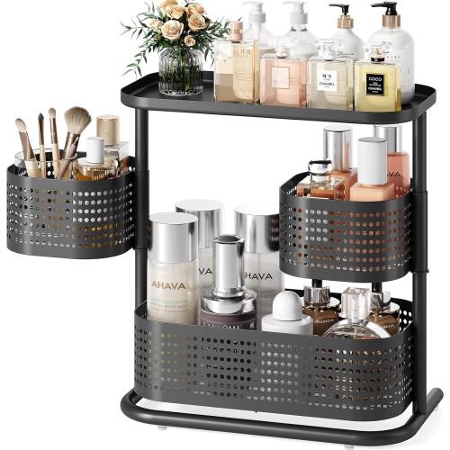 KINGRACK Bathroom Counter Organizer, 3 Tier Rotating Vanity Bedroom Storage cabinet, Cosmetic Holder Standing Shelf, Bathroom Tray for Countertop Storage, Kitchen Spice Rack, Black