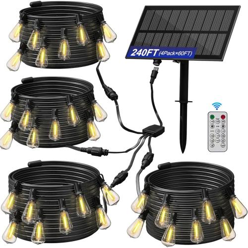 Size 60ft Stright Solar Powered String Light 240FT with Remote Control 8 Light Modes, Weatherproof Shatterproof ST38 LED Bulb, Total 60 Sockets, 1 to 4 Splitter cord String Lights (End to End 60FT, Total 240FT)