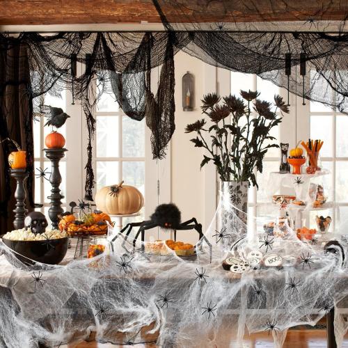PinCute Halloween Decorations Indoor Outdoor- 5 Pack Creepy Cloth (30×72 in), 200Sqft Spider Web with 20 Spiders, Haunted House Props for Party Yard Window Porch Decor